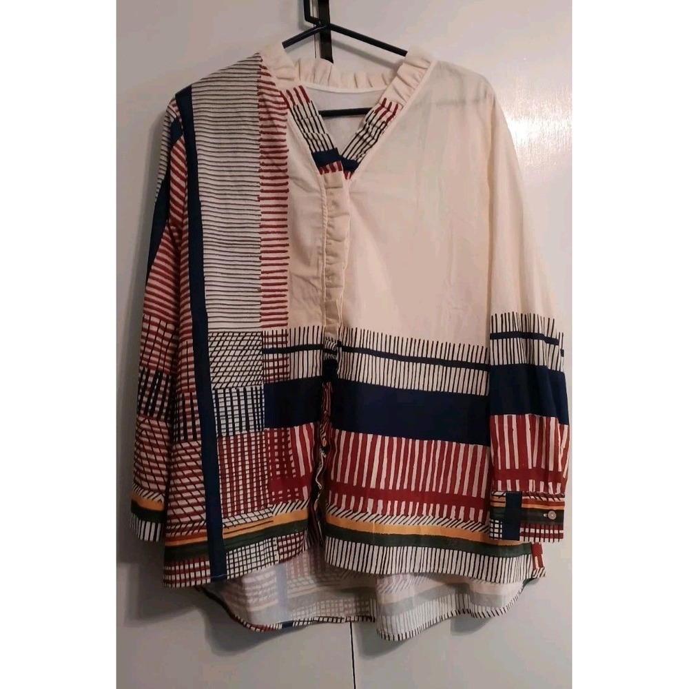 Womens Tunic Shirt‎ Medium Geometric Stripes Ruffle Boho Cottagecore Peasant